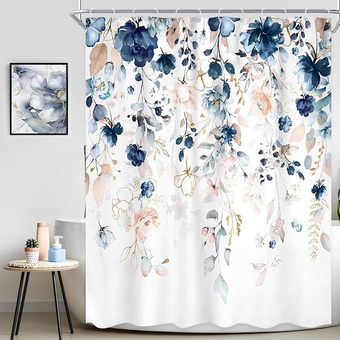 Small Stall Flower Shower Curtain 54Wx78H Inch Blue Pink Floral Spring Wilfflower Rustic Eucalyptus Leaf Boho Plant Botanical Bathroom Set Girls Bath Curtain Bathtub Accessories Home Decor