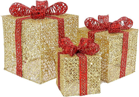 Sunnyglade 7.5”-5.9”-4.7” Set of 3 Christmas Lighted Gift Boxes with Bows Present Boxes for Christmas, Weddings Yard Home Holiday Art Decorations (Gold)