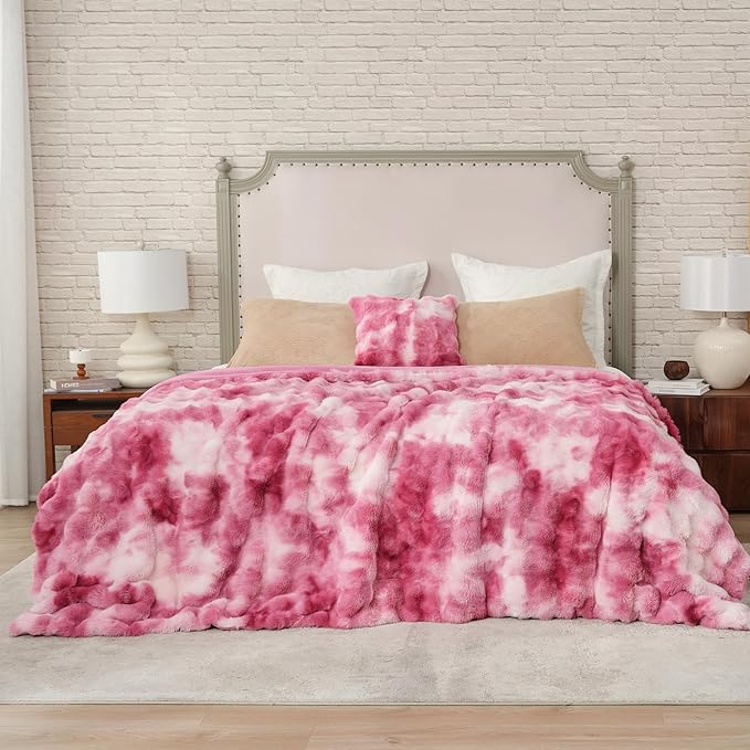Cozy Bliss Faux Fur Throw Blanket for Couch, Bubble Plush Blanket Queen Size, Fuzzy Soft & Thick Blanket for Bed Sofa Living Room, 90x90 Inches Tie-dye Pink
