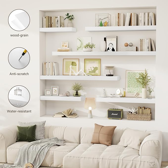 48 Inch Floating Shelves, 12" Deep Floating Shelf Wall Mounted, 48" Wall Shelves, Rustic Deep Bookshelf, Extra Deeper & Thicker Display Shelves for Bedroom, Living Room, White, Set of 2