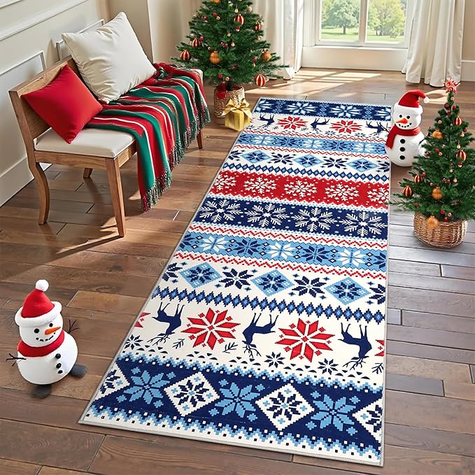 Hallway Runner Rug 2x6 Washable Christmas Runner Indoor Non-Slip Xmas Decorative Throw Floor Covers Boho Accent Festival Xmas Rug Farmhouse Rug Geometric Carpet for Living Room Bedroom, Blue