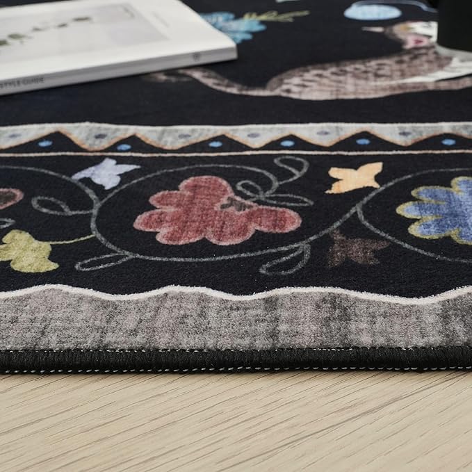 Rugcomf Bedroom Rug 3x5 Rug Washable Area Rug Non Slip Low Pile Boho Floral Animal Cat Small Carpet for Bedroom Bedside Kitchen Entryway Kids Room Office College Dorm Essentials for Girls, Black