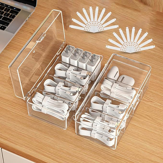 2 Pack Cable Organizer Box with Lid, Clear charging cord organizer box with 4 Compartments & 20 Wire Ties, Charger Cord Storage for Desk Drawer, Home Office Organization Accessories