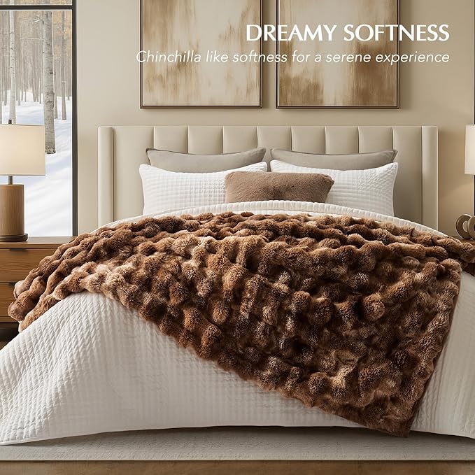 EverGrace Ultra Soft Luxury Fluffy Faux Rabbit Fur Throw Blanket, Thick Warm Bubble Throw for Bed, Cozy Plush Reversible Blankets for Couch, Chair, Sofa, Lion Caramel, 60x80 Inches