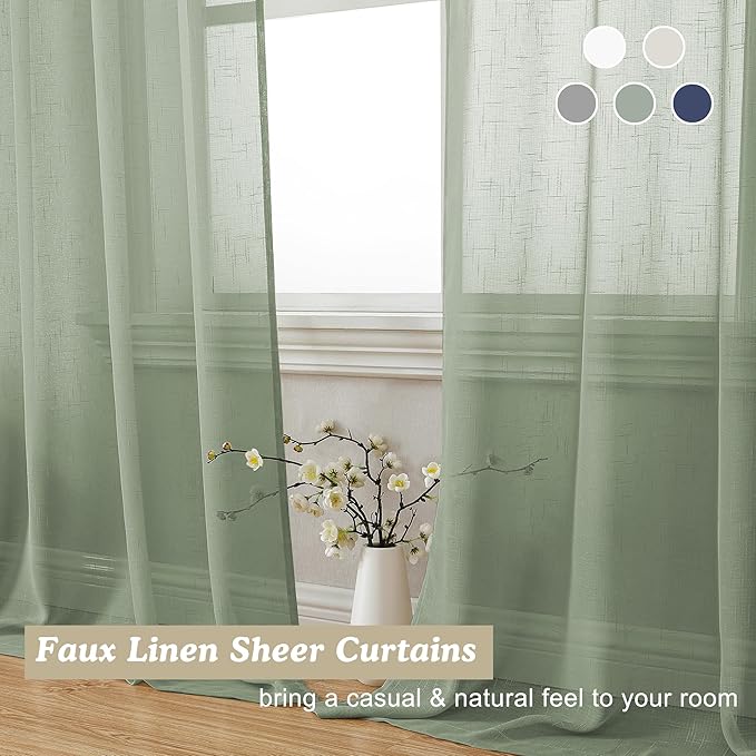 Aiyufeng Sage Green Sheer Curtains 45 Inch Length 2 Panels, Short Linen Curtains for Kitchen, Small Window Curtains Window Treatment Privacy with Light Filtering for Bathroom, Each 30Wx45L Inch, Green