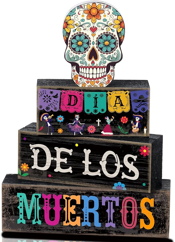 4 Pcs Day of The Dead Table Decorations Day of The Dead Centerpiece for Table Dia De Los Muertos Tiered Tray Decor Wood Sugar Skull Block Signs for Halloween Party Home Shelf Decoration