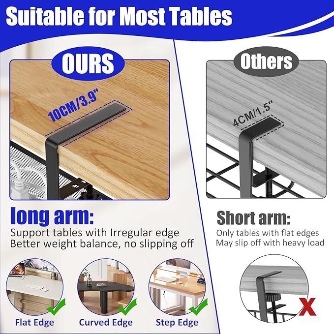 REFLYING Under Desk Cable Management Tray, Metal Long Arms(3.9in), No Drill Mesh Desk Cable Tray, Wire Management Tray Cable Management Box for Office, Desk Cable Tray Wire Organizer, 1 Pack, Black