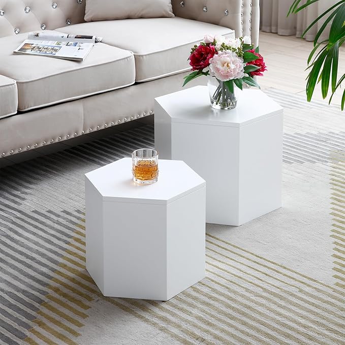 Nesting Coffee Table Set of 2, Wood Round Coffee Table, Modern Hexagon Coffee Table for Small Space Living Room, White