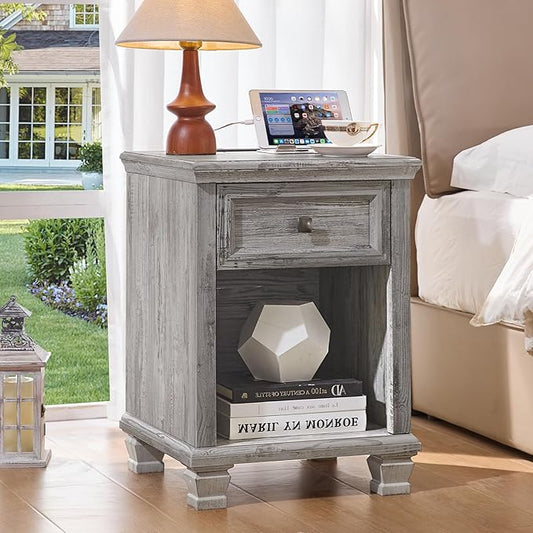Farmhouse End Tables Living Room with Drawer, Rustic Wood Nightstand with Charging Station, Bedside Table with Open Shelf for Bed Room, Living Room, Grey