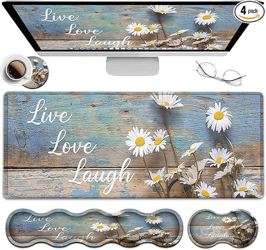 Mouse Pad Set, Large Gaming Mouse Pad + Keyboard Wrist Rest Support + Mouse Wrist Rest Non-Slip Rubber Base, 31.5 x 11.8 in Extended Desk Mat for Office, Desktop Decoration White Daisy Flowers