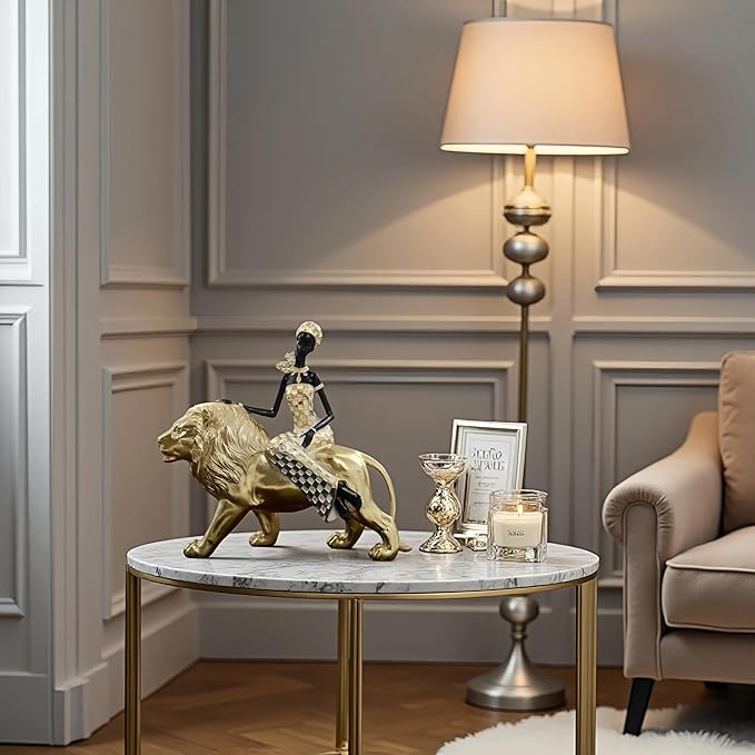 African Woman Riding Lion Statue – Gold Resin Sculpture for Home Decor, African Queen Figurine with Tribal Pattern, Cultural Art Decor for Living Room, Shelf, Office, or Gift