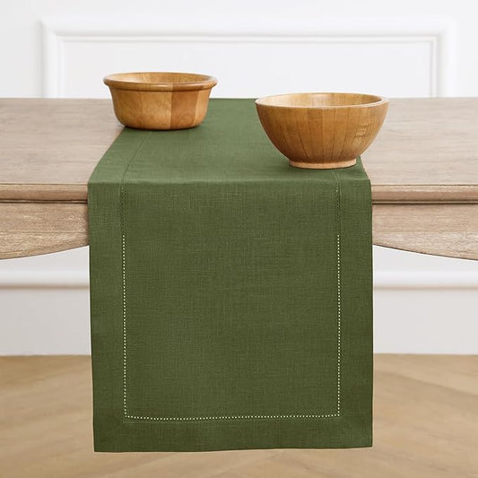 Solino Home Linen Olive Table Runner 132 Inches Long - 100% Pure Linen Extra Long Table Runner 14 x 132 Inch for Fall, Autumn, Thanksgiving - Classic Hemstitch