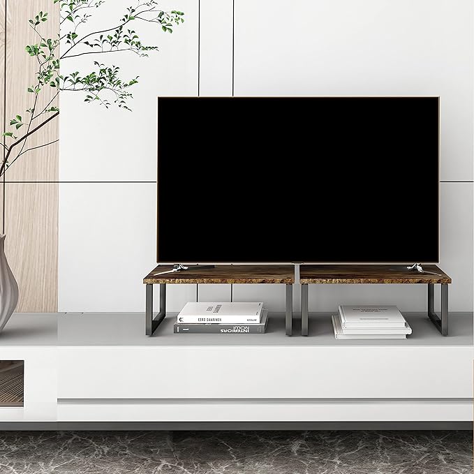 Simple Trending 2 Pack Monitor Stand Riser, Wood Desk Storage Organizer for Office Laptop, Computer, Antique Brown