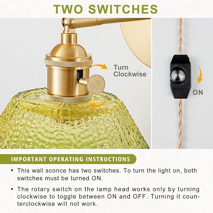 Plug in Wall Sconces Set of 2, Vintage Wall Sconce Light with Gradient Green Glass Lampshade, 180° Adjustable Wall Sconce with Switch and Plug in Wall lamp Cord, Gold Wall Light Wall Decor Set of 2