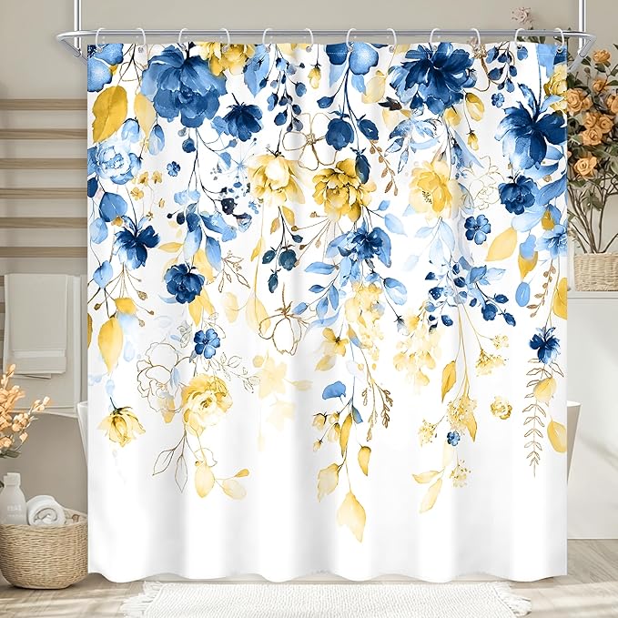 Blue and Yellow Floral Shower Curtain 72Wx72L Inch Watercolor Flower Eucalyptus Leaf Plant Gold Pastel Botanical Wildflower Bathroom Set Pretty Girls Bath Curtain Bathtub Accessories Home Decor