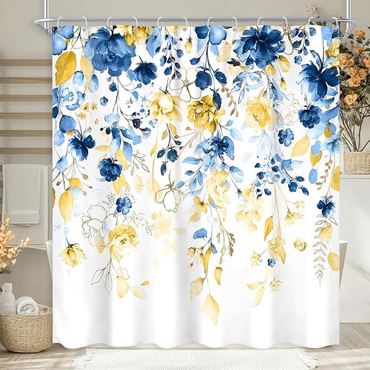 Blue and Yellow Floral Shower Curtain 72Wx72L Inch Watercolor Flower Eucalyptus Leaf Plant Gold Pastel Botanical Wildflower Bathroom Set Pretty Girls Bath Curtain Bathtub Accessories Home Decor