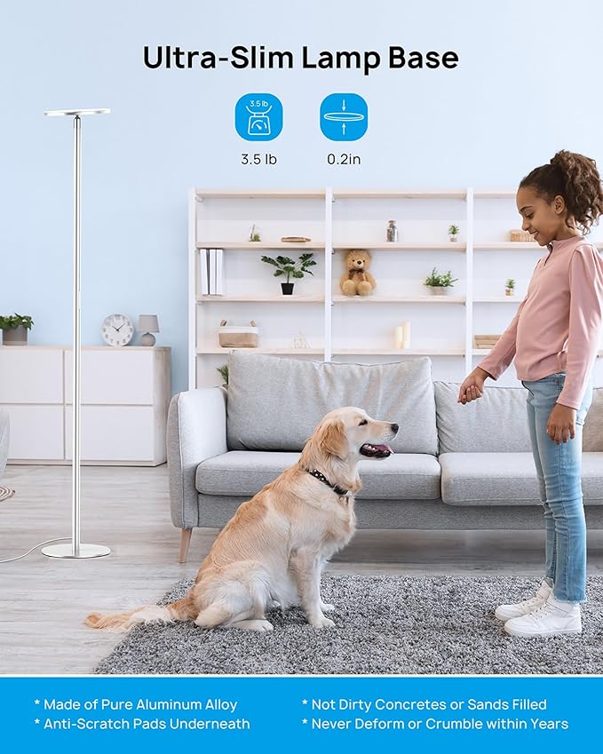 TROND Floor Lamp, LED Torchiere Uplight Lamp, 5 Brightness Aluminum Modern Standing Light, 5500K Natural Daylight, 5000 lm, 71in Tall, 30 Mins Timer, Detachable, for Office Living Room Bedroom, Silver