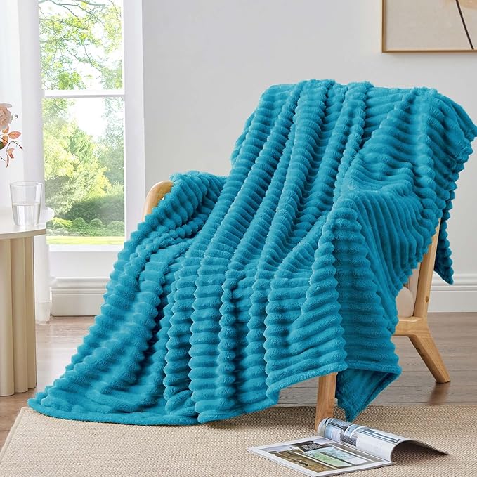 BEDELITE Twin Blanket for Couch & Bed, 300GSM Soft & Warm Fleece Blanket, Decorative and Giftable Striped Teal Blankets for Women, Men, 60"x80"