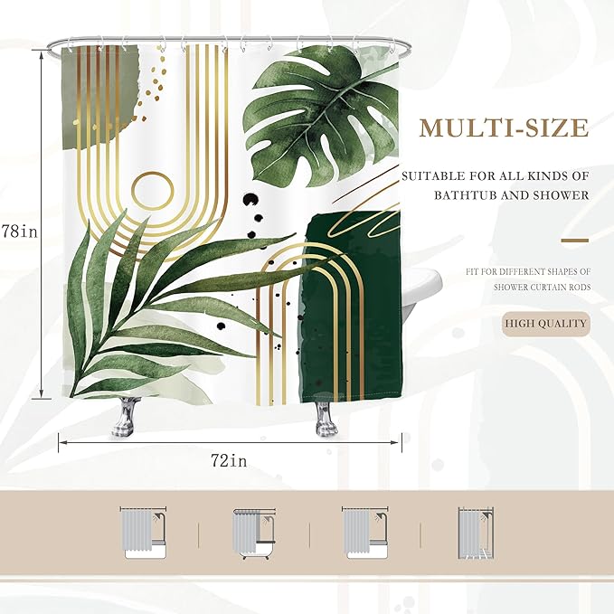 Glawry Green Gold Boho Mid Century Shower Curtain Extra Long Tropical Plant Abstract Minimalist Modern Geometric Leaf Bathroom Simple 72Wx78L Inches Bath Accessories Art Home Decor Fabric 12 Pack Hook