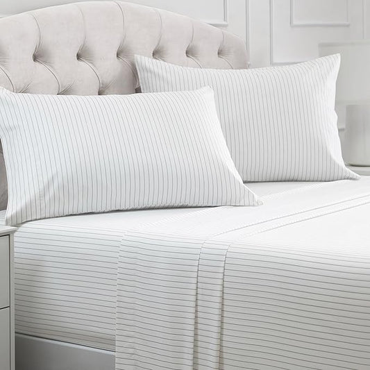 Mellanni King Sheets Set - 4 PC Iconic Collection Bedding - Hotel Luxury, Extra Soft, Cooling Bed Sheets - Wrinkle, Fade, Stain Resistant (King, Pin Stripe Gray)