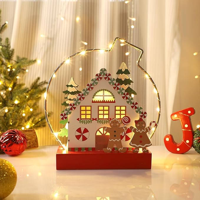 Christmas Tabletop Decoration, Wooden Lighted Gingerbread House Ornaments, Battery Operated Christmas Indoor Fireplace Home Table Decorations