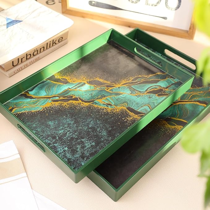 Set of 2 Green Marble Serving Trays with Handles, Plastic Nesting Trays for Coffee Table, Ottoman, Kitchen, Living Room, Outdoor, Patio, Large 15.7”*11.8”*1.6”, Small 13.7”*9.8”*1.4”