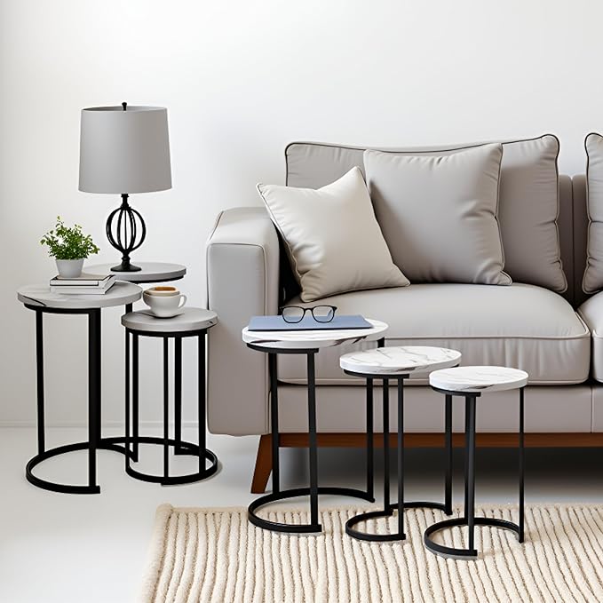 Lavish Home Nesting Tables – Set of 6 Space-Saving Round Side Tables with Faux Marble Tops – Modern Apartment Furniture Accent & End Table Set for Living Room, Bedroom, or Home Office (White)