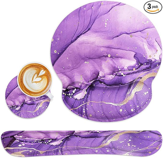 Britimes Purple Gold Marble Mouse Pad 3pcs Set with Wrist Support Non-Slip Rubber Base Ergonomic Pad,Mouse Wrist Cushion Support and Coasters for Home Office Gaming Easy Typing & Pain Relief