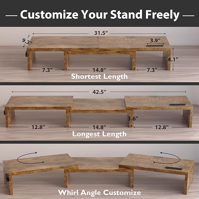 BONTEC Dual Monitor Stand for Desk, Adjustable Length and Angle Monitor Stand Riser with Smartphone Holder, Desk Shelf for Top of Desk, Computer Monitor Stand with Storage, Office Desk Organizer, Rustic Brown