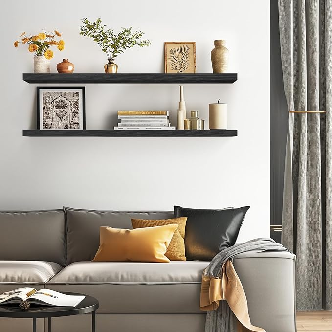 BAYKA Floating Shelves, 48 inch Wall Mounted Rustic Wood Shelves for Bathroom, Bedroom, Living Room, Kitchen, Office, Hanging Shelf for Books/Storage/Decor(Black,Set of 2)