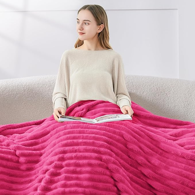 BEDELITE Twin Blanket for Couch & Bed, 300GSM Soft & Warm Fleece Blanket, Decorative and Giftable Striped Hot Pink Blankets for Women, Men, 60"x80"
