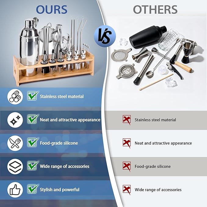 JUSTDOMI 26-Piece Stainless Steel Bar Tool Set Bartender Accessories, Cocktail Shaker Set Bartender Kit with Stand, Cocktails Kit with Muddler for Bar Accessories, Home, Party Cafe Drinks-Style 2