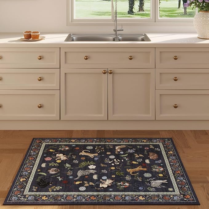 Rugcomf Door Mat Indoor Entrance 2x3 Rug Machine Washable Boho Floral Animal Cat Small Area Rug Non-Slip Low Pile Throw Rugs for Entryway Kitchen Front Door Entry Kids Room, Cobalt Blue