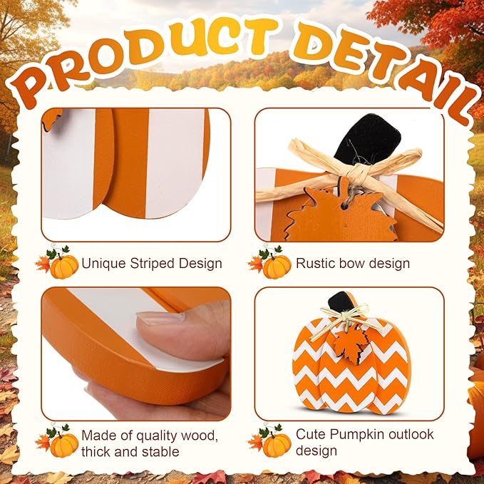 4 Pcs Fall Pumpkin Decor 3D Pumpkin Wooden Tabletop Signs Farmhouse Thanksgiving Autumn Standing Table Centerpieces Rustic Tiered Tray Decor for Home Kitchen Harvest Party(Orange and White)