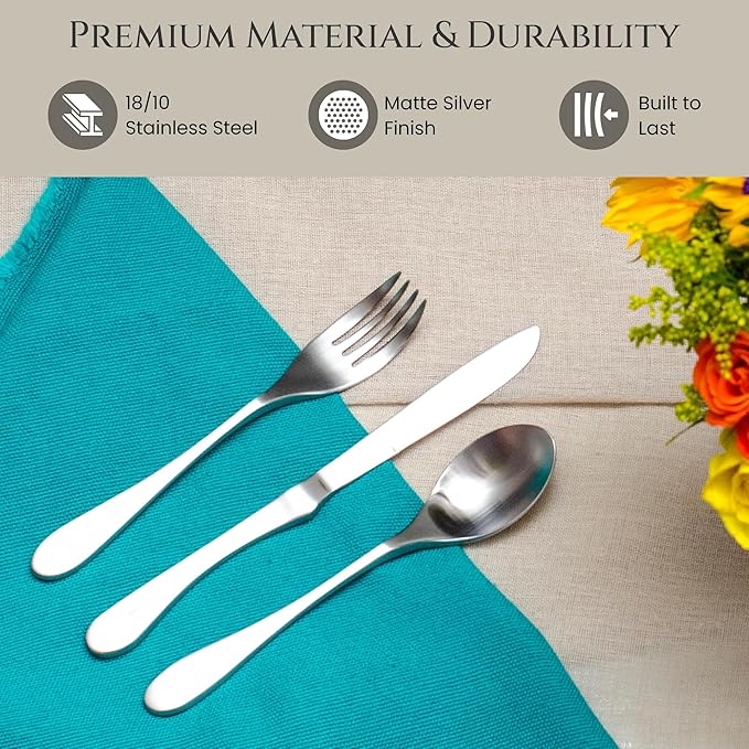 Knork Silverware Set - 20 Piece Matte Silver Cutlery set - Ergonomic Design Utensil sets, 18/10 Stainless Steel Forks Spoons and Knives set