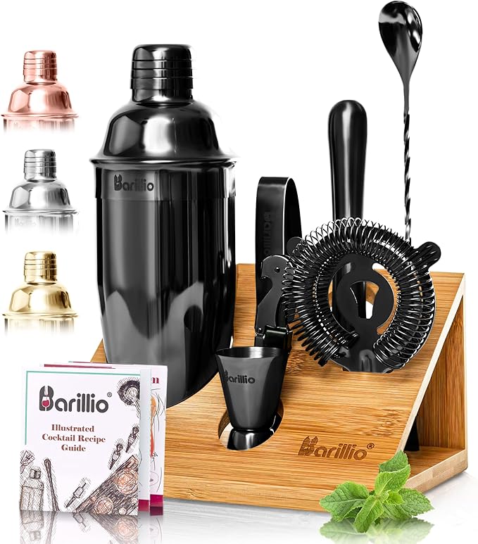 Barillio Black Bartender Kit - Stainless-Steel Cocktail Shaker Set w/Bamboo Stand - Mixology Bar Tools w/Shaker, Drink Mixer Spoon & Muddler for Cocktails - Home Bar Accessories - 10-Pc Bar Set