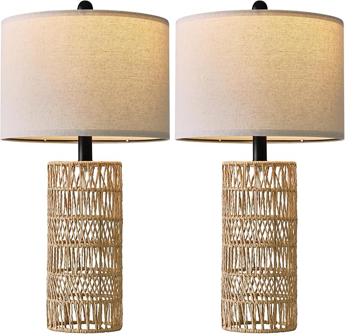 OYEARS 22.5" Boho Table Lamps Set of 2 for Living Room, Bedside Lamp for Nightstands, Rattan Lamp for Bedroom, Farmhouse Table Lamp for Room Decor, End Table, Retro, Brown（Not Include Bulbs）