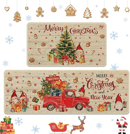 Christmas Trucks Gingerbread Gnome Kitchen Rugs and Mats Non Skid Washable Set of 2, Xmas Kitchen Mats for Floor Decor