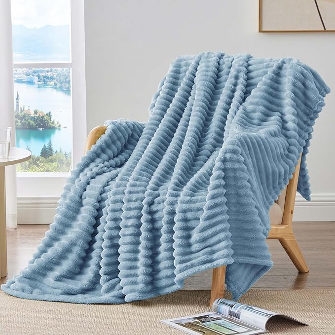 BEDELITE Fleece Throw Blanket for Couch - 300GSM Soft & Warm Fluffy Light Blue Blanket, Decorative and Giftable Striped Blankets for Women, Men, 50"x70"
