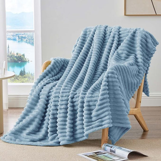 BEDELITE Fleece Throw Blanket for Couch - 300GSM Soft & Warm Fluffy Light Blue Blanket, Decorative and Giftable Striped Blankets for Women, Men, 50"x70"