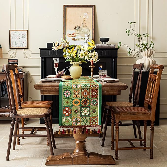 13×72 Inch Table Runner, Retro-Luxury Tassels Series for Kitchen Dining Table Holiday Decoration (Ethnic Green)