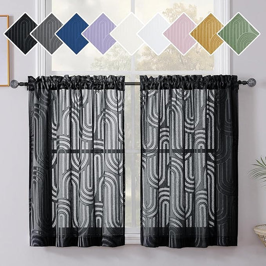 Simplebrand Sheer Black Curtains Kitchen 36 Inch Length 2 Panels Set for Window, Soft Airy Geometric Jacquard Semi Sheer Curtains for Bathroom, Modern Rod Pocket Window Curtains, 42Wx36L Inches