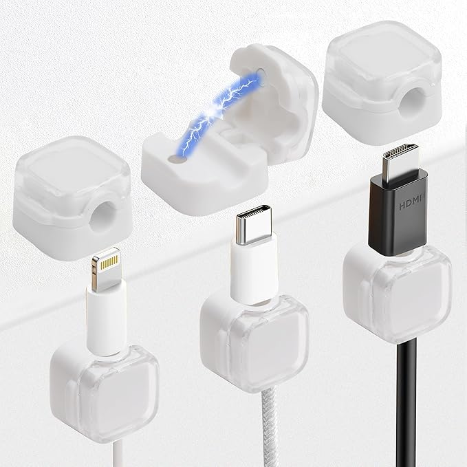 6 Pcs Cable Management Clips for Home Office Desk Cord Keeper Organizer Accessories Charger USB Wire Organizer Cord Holder for Nightstand Automotive (White)