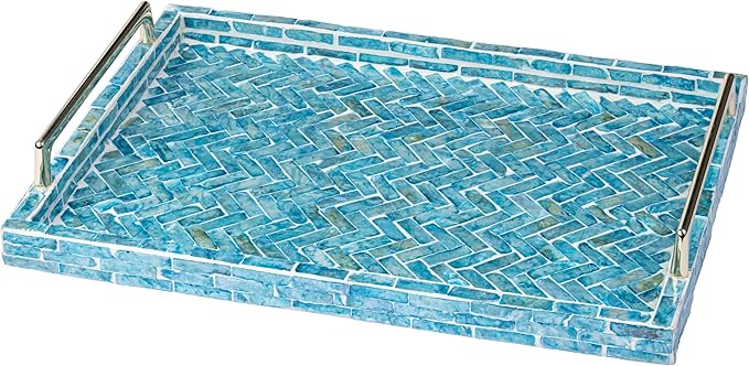 PEMAR Capiz Shell Decorative Tray with Gold Handles – 15.7"x11.8" Rectangular Display & Serving Tray for Vanity, Dresser, Bathroom (Mosaic Chevron)