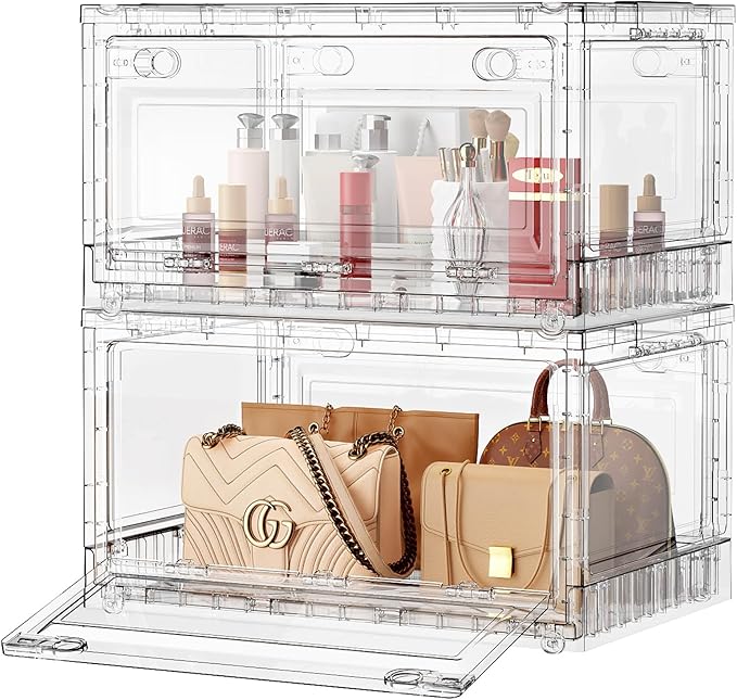 BROVIEW Clear Stackable Storage Bins Drawers, 160Qt Open Front Large Plastic Storage Bins with Lids and Wheels, Foldable Closet Organizers and Storage for Wardrobe Cabinets, Pantry, Makeup,2 Pack