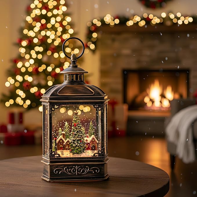 Christmas Village Snow Globe Lantern Musical Lighted Village House Water Lantern in Swirling Glitter, Christmas Home Decoration and Gift, Battery Operated or USB Powered