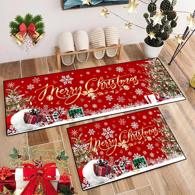 ACZHHZC Merry Christmas Kitchen Rugs and Mats Set of 2, Winter Snowflake Xmas Tree Holiday Home Kitchen Decor Floor Mats, Washable Non-Slip Sink Carpet (Christma 3, 17"x47"+17"x30")