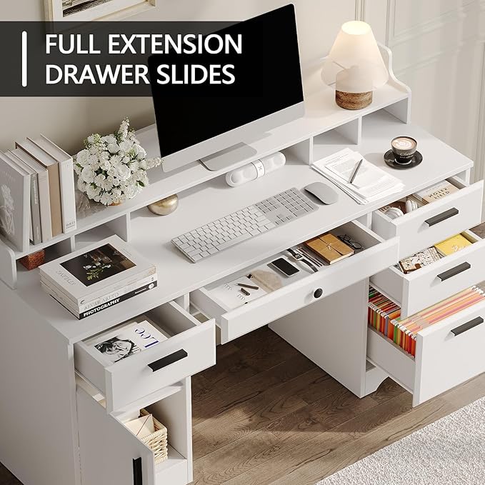 Executive Desk with Hutch, 58 Inch White Computer Desk with 5 Drawers, Home Office Desk with Storage, Rustic Desk with Adjustable Shelves and Storage Cabinet for Bedroom