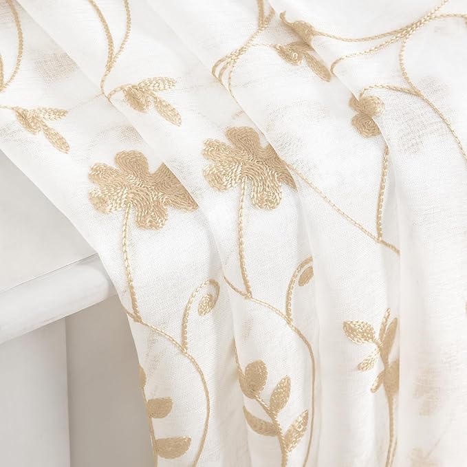 HOMEIDEAS Yellow Sheer Curtains 96 Inches Long 2 Panels Yellow and White Embroidered Floral Pattern Semi Sheer Window Curtains for Bedroom Living Room
