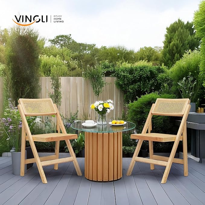 VINGLI 4 Pack Rattan Dining Chair, Wood Folding Chair with 360° Swivel Backrest, Rubberwood Frame and Rattan Woven Seat and Back, Natural Color, Set of 4